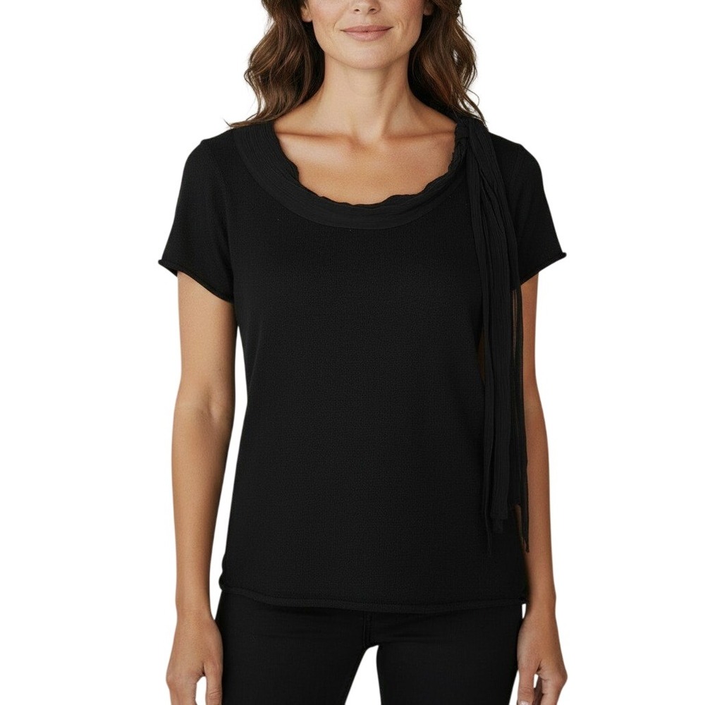 Burberry London Sheer Tie Shoulder Top Black Short Sleeve NWT Silk Wool Cashmere